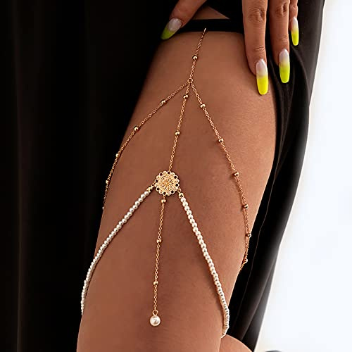 Atentuyi Geschichtetes Gold Bein Kette Mit Perle Anhänger - Sexy Bikini Strand Geschirr Böhmischen Körper Schmuck Für Oberschenkel - Für Frauen Und Mädchen