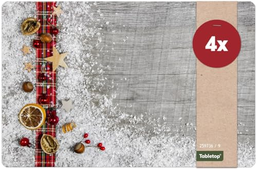 Weihnachts Tischsets 4er als abwaschbare Weihnachten Tischdeko - Platzsets Weihnachtsdeko Holz als Winter Tischuntersetzer - Platzdeckchen als Tischunterlage für Esstisch Wohnzimmer Tisch