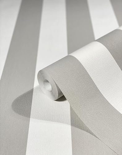 WALLCOVER Carta da parati in tessuto non tessuto, motivo a strisce, colore grigio, argento, stile rustico, linee bianche, moderna, struttura fine, 10,05 x 0,53 m, made in Germany