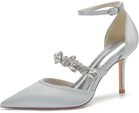 OTMYIGO Zapatos de Mujer, Tacones Altos, tacón de Oficina de 8,5 CM, salón de Fiesta de Alto, tacón de Aguja con Punta en Pico, tacón con Correa en el Tobillo, Zapatos Individuales,Plata,35 EU