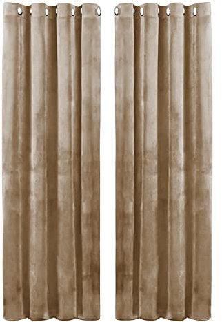Hafaa Beige Blackout Curtains for Bedroom – 46” wide x 54” drop Readymade Crushed Velvet Curtains for Living Room – Eyelet Room Darkening Curtains with 2 Tie Backs (116cm x 137cm)