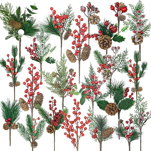 22 Stück Groß Weihnachtsbeeren Künstliche Tannenzweige mit Roten Beeren Tannenzapfen, Assortiert 20Arten Weihnachts Picks für Bastelgeschenkpicke Winter Blumenpicks Baumkränze Weihnachts Dekoration
