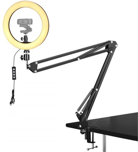 Webcam Selfie Light with Clamp Mount Stand,10 Inch Ring Light with Boom Arm Holder Compatible with Logitech C920 StreamCam C922 C930e C925e C615 Brio 500 4K webcams