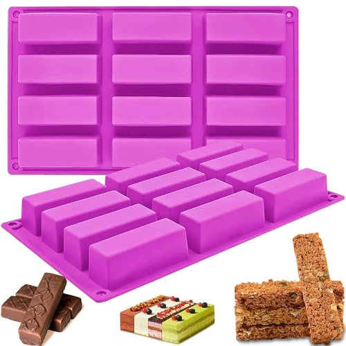 VIKKI 2PCS Silicone Rectangle Granola Bar Molds, 12 Cavity Nutrition Energy Cereal Bar Moulds, Chocolate Granola Bar Deep Silicone Mould for Baking Bread Brownie Cheesecake Butter Soap Molds