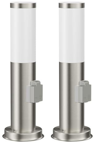ledscom.de 2 Stück Pollerleuchte PORU mit Steckdose für außen, edelstahl, 39 cm, inkl. E27 LED, Energieeffizienzklasse A (warmweiß, 4W, 935lm)