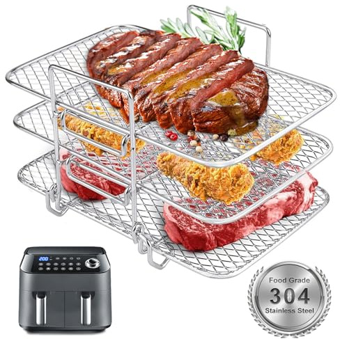 AKOFIC Air Fryer Rack for Ninja Dual, 304 Stainless Steel Air Fryer Accessories Three Layer Cooking Grilling Rack, Air Fryer AF300UK AF400UK Accessories for Ninja, Salter, EMtronics Dual Air Fryer