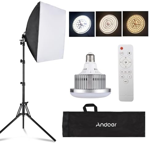 Andoer Softbox Lighting Kit 3000K-7500K 85W Bi-color Temperature Bulb with Remote, Photography Lighting Kit with 40x40cm Softbox, 1.7m Light Stand, Softbox Kit for Studio Live Streaming Photography