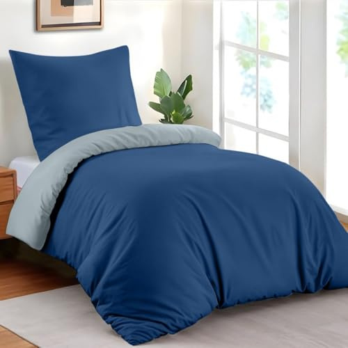 Dreamzie - Housse de Couette 140x200 cm avec 1 Taie Oreiller 65x65 cm - Bleu Foncé/Bleu Gris - Parure de Lit 140x200 en 100% Microfibre - 2 Pièces - Certifié sans Produits Chimiques (Oeko TEX)