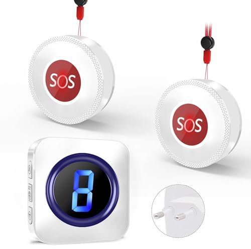 Notrufknopf für Senioren Wireless Caregiver Pager, SOS Hausnotruf Funkklingel 2 SOS Sender, 300m Reichweite, 55 Melodien, 5 Lautstärkestufen, LED Anzeige