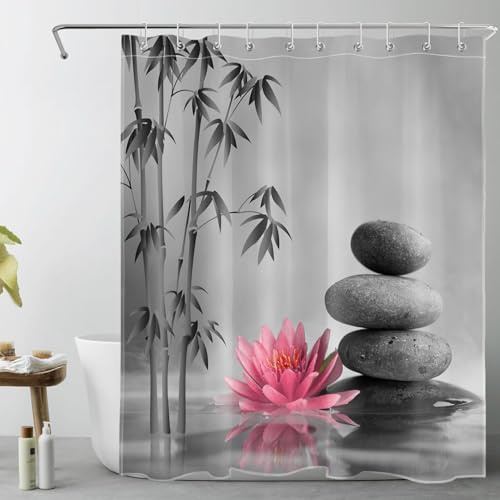 LB Graues Zen-Spa Duschvorhang 150x200cm(BxH) Rosa Seerose Japanischer Bambuswald Antischimmel Wasserdicht Badezimmer Vorhänge, Graue Steine Extra Lange Polyester Stoff Bad Vorhang mit Haken