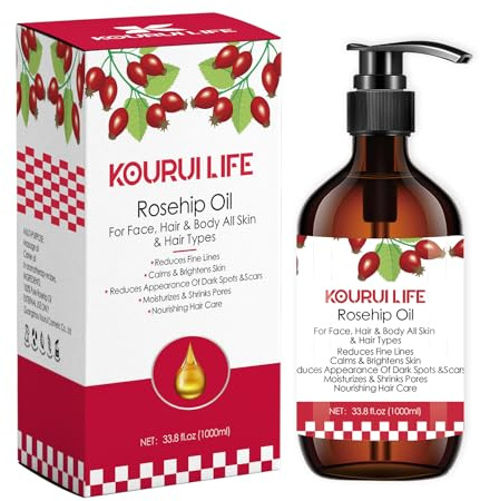 KOURUILIFE Huile de rose musquée 1000 % naturelle, pressée à froid, non raffinée, végétalienne - Huile de pépins d'églantier hydratante naturelle de qualité supérieure pour le visage, le corps, les