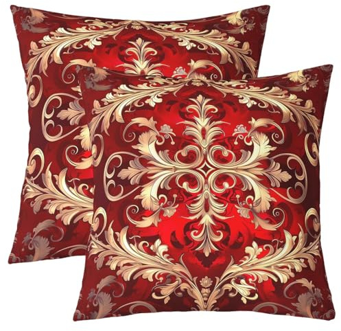 2Pcs Erwachsene Red Damast Kissenbezüge 50x50cm, Böhmische Exotische Wurf Kissenbezüge, Western Damast Thema Kissenbezüge Zimmer Dekor, Antike Viktorianische Barock Dekorative Akzent Kissenbezüge