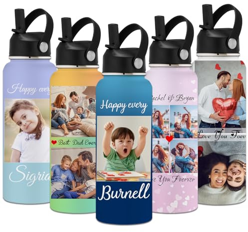 Personalisierte Wasserflasche für Kinder und Erwachsene mit Strohhalmdeckel 350/530/700/950/1150ml Personalisierte Foto Wasserflaschen mit Namen Individuell Gestaltete Isolierte Sport Wasserflasche