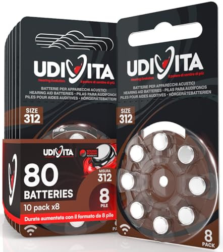 80 Batterie Udivita Misura 312 per Apparecchi Acustici Auricolari PR41 (Marroni - Zinco Aria) con Phono Pulse Technology per Amplificatore Acustico - 10 Blister da 8 Pile