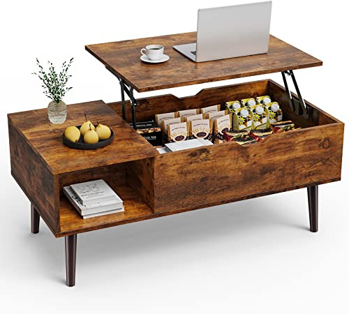 Sweetcrispy Lift Top Coffee Tables for Living Room, Small Rising Wooden Center Tables with Storage Shelf and Hidden Compartment, Brown