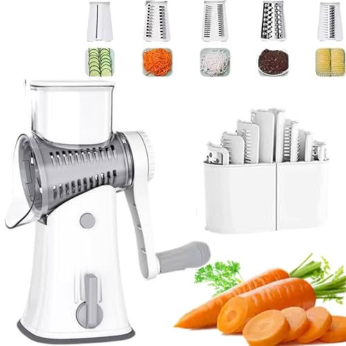 Kitchen Artifact 5 in 1 Food Chopper and Cheese Grater, Rotary Vegetable Slicer With 5 Blades (White)