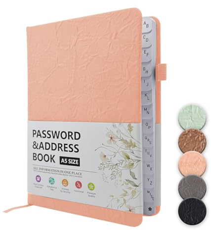 WWYSSZ Libreta de Contraseñas, Cuaderno de Contraseñas de Tapa Dura, Libreta Alfabética para Organizador Logbook de tapa dura, Para Registro de la Información De Acceso a Internet, 19 X 13 cm, Rosa