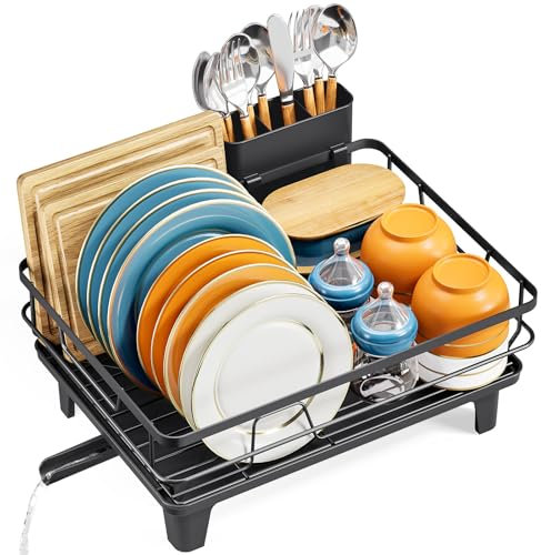 Escurridor de Platos, Escurreplatos con Soporte para Utensilios Extraíble, Escurreplatos de Cocina para Fregadero con Tabla de Escurrir con Pies Elevados, Escurreplatos de Gran Capacidad, Negro
