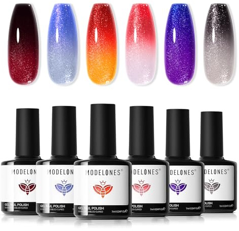 Modelones Gel UV Nagellack Set 6 Farbe ändert Temperatur Gel Nagellack Nail Polish für Soak Off Nail Polish, French Manicure, Nail Art Nageldesign-Dunkelrot perlmuttartig und Schwarz