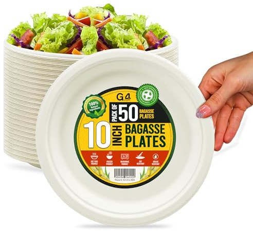 G4GADGET 50 Pack 10-Inch Bagasse Plates – Heavy Duty Compostable Dinnerware | Eco Friendly Disposable Sugarcane Plates for Parties, BBQ, Events, Camping | Biodegradable & White