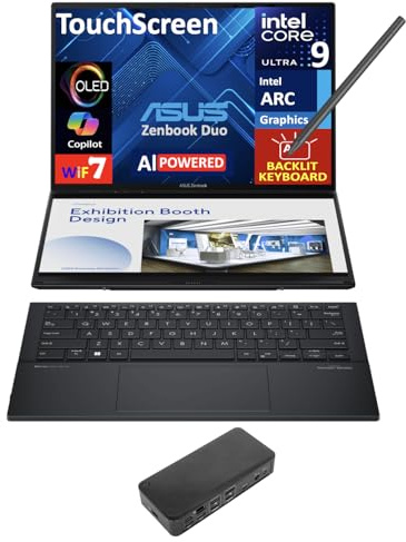 ASUS Zenbook Duo AI Powered 2-in-1 Laptop 14.0 Touchscreen OLED 2.8K Display (Intel Ultra 9-285H, 32GB LPDDR5X, 2TB PCIe SSD, Active Pen, Backlit KB, 2 Thunderbolt 4, WiFi 7, Win 11 Pro) w/USB-C Dock