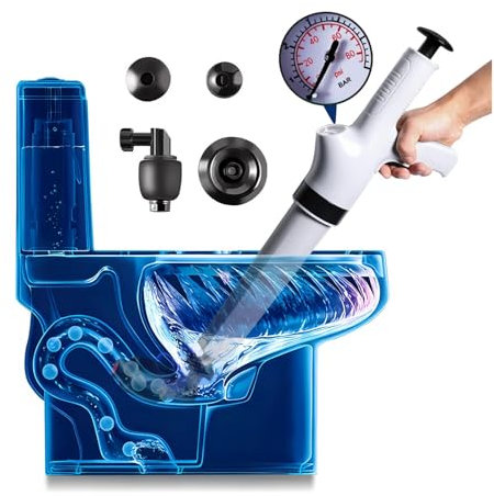 Qcesorib Desatascador Tuberias Profesional con Manómetro Visual, Bomba de Aire para Desatascos con 4 Ventosas, Desatascador de Aire Comprimido, para Inodoro Lavabo Bañera Tubería
