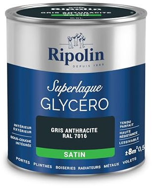 RIPOLIN - Peinture Laque Glycéro Intérieure/Extérieure - Boiseries et Structures Métalliques - Résistance Accrue - Durabilité Remarquable - Gris Anthracite Ral 7016 - Satin - 0,5L