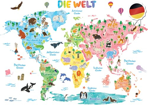 DECOWALL Weltkarte Tiere Wandsticker Deutsch für Kinderzimmer (DL3-1615DE) | Extra große deutsche Tierweltkarte mit Kontinenten und Ozeanen; abziehbar für Kinderzimmer, Spielzimmer oder Lernbereich