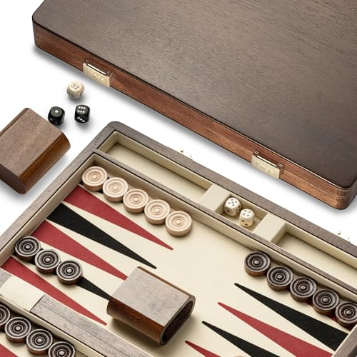Lingle 36,8 cm Premium Naturlig Valnöt Backgammonset, 30 Konstgjorda Hornbrickor, 2 Valnötsstärningskoppar och 5 Trätärningar/Klassiskt Strategibrädspel för Två Spelare