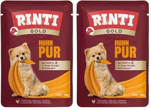 RINTI - Gold | Leicht verdauliches Nassfutter für kleine, ausgewachsene Hunde. Alleinfutter im Frischebeutel ohne Formfleisch, Soja oder künstliche Zusätze | 10x100g Huhn Pur (Packung mit 2)