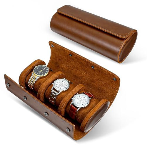 AOZUO Watch Roll Travel Case For Men and Women, 3 Slot Watch Storage and Organizer with Anti Scratch Fleece, Portable Watch Roll with Removable Pillows and Solid Dividers for Travel Home Display,Brown