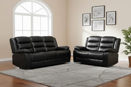 AI Leather Recliner Sofa Set with Cup Holders – 3+2 Seater – Leather Sofa – Manual Recliner Sofa (Black, 3+2 Seater)