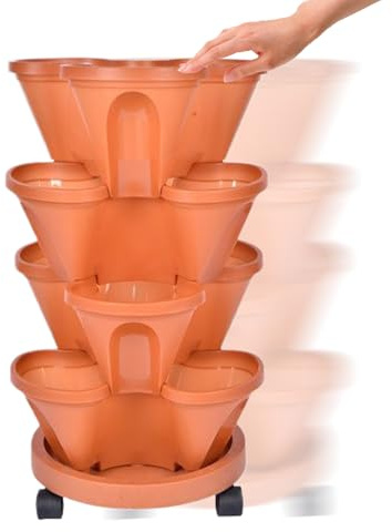 Macetero para Fresas | Contenedor Vertical De Flores Apilable De 4 Niveles | Maceta De Interior Con Ruedas Bandeja Inferior Y Drenaje Automático - Para Cultivo De Fresas Y Hortalizas En Interior Y