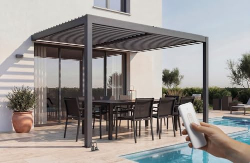Cazeboo Pérgola bioclimática motorizada AGOSTA 4x3m con iluminación LED, 250cm de Altura - Aluminio Gris