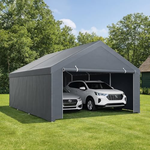 Monucep Zeltgarage Carport 4x6m Garagenzelt mit wetterfester PE Plane, Winterfest, Wasserdicht mit 2 Seitenwänden und 12 Heringen, UV-Schutz Lagerzelt Geräteschuppen für Auto, SUV, LKW, Boot