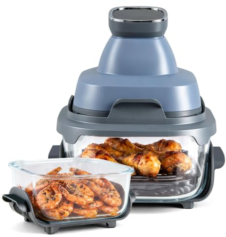 LIFEZEAL Freidora Aire Cristal 1500W Doble Contenedor Apilable (Azul) | Freidora Aire Cristal con Tapa, Cocción Visible, 6 Programas, Termostato 220°C, Compacta Silenciosa para Cocina Diaria