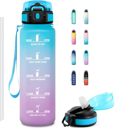 JAPORIA Borraccia 1 litro, Borraccia con Cannuccia, Bottiglia Acqua Riutilizzabile, Borracce Palestra con Indicatore del Tempo per Studenti, Ufficio