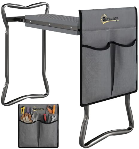Outsunny Tabouret de Jardin Pliable 2 en 1 Coussin en Mousse EVA 150kg Gris