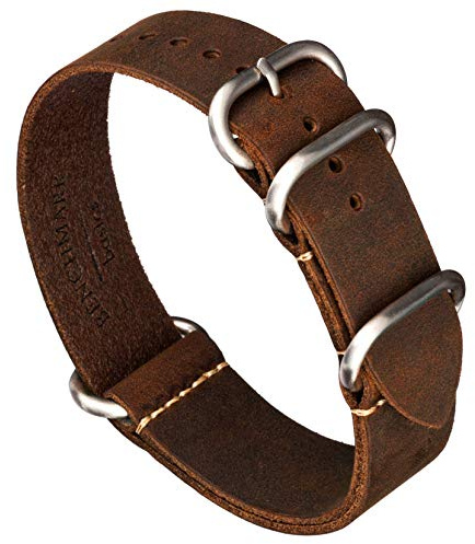 Benchmark Basics Leather Watch Band - Zulu Crazy Horse Oiled Leather One-Piece Watch Strap - 20mm Dark Brown