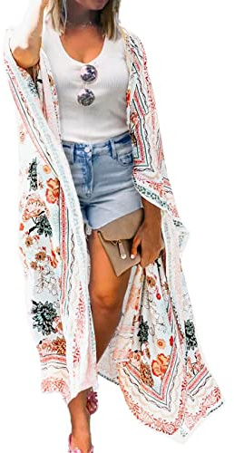 Women's Floral Chiffon Kimono Cardigan Long Flowy Beach Cover-Ups Bikini Swimsuit Open Front Tops Summer Sheer (Multicolored, Small)