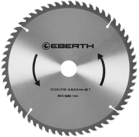 EBERTH Kreissägeblatt Sägeblatt Kreissäge Blatt aus Stahl mit Hartmetall-Zähnen für Holz-Schnitte (250mm Durchmesser, 30mm Bohrung, 1.8mm Blättstärke, 2.8mm Schnittbreite, 60 Zähne, RPM Max. 5000)