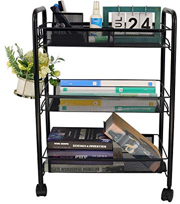 OVICAR Mesh Wire 3 Tier Rolling Cart, Kitchen Storage Utility Cart, Multifunction Basket Stand for Bathroom, Full Metal Storage Art Trolley Carts with Wheels & 4 Side Hooks (Black)