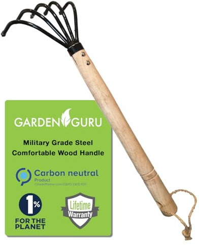 Garden Guru Hand Rake Cultivator Claw Soil Tiller - Military Grade Steel - Rust Resistant - 5 Tine Japanese Ninja Claw - Comfortable Wood Handle - Perfect Pulverized and Aerated Soil