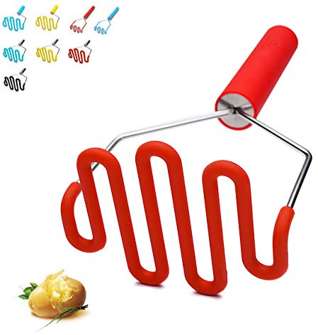 Jell-Cell Potato Masher - Silicone Protect Body with Premuim Stainless Steel Non-Scratch Cookware for Smooth Mashed Potato Vegetables and Fruits Color Red