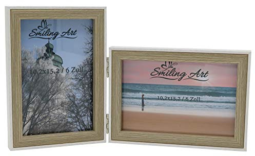 Smiling Art | Cadre photo double | 10 x 15 cm en bois MDF avec vitre | cadre photo rabattable pour 2 photos | à poser ou à accrocher | format paysage et portrait (Blanc & Beige, 2x10x15 cm)