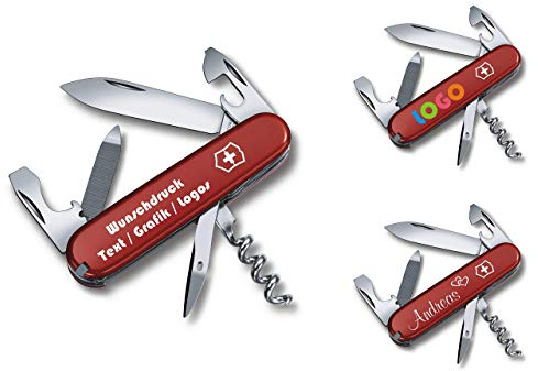 Taschenmesser SPORTSMAN mit Wunschdruck auf der Schale I Geschenk für Männer Frauen I zum Geburtstag I Schweizer Taschenmesser personalisiert mit 13 Funktionen 0.3803