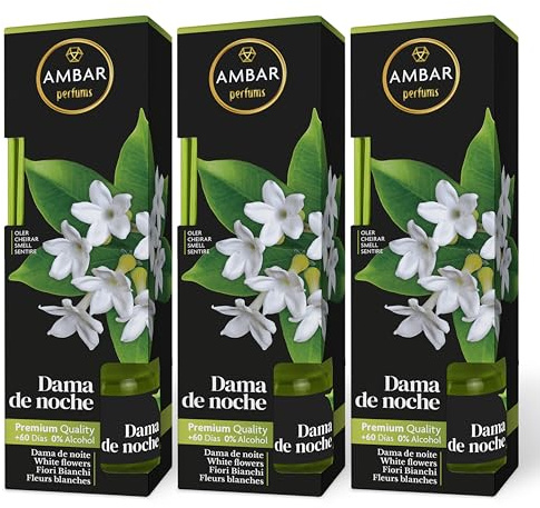Ambar Perfums Ambientador Mikado Dama de Noche. Ambientador de Varillas 0% Alcohol, +60 días duración. (Pack 3 uds. x 45 ml)