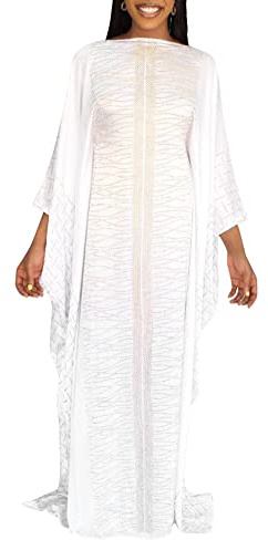 HD African Dresses for Women Fashion Beading Rhinestone Kaftan Maxi Dress, White, One Size