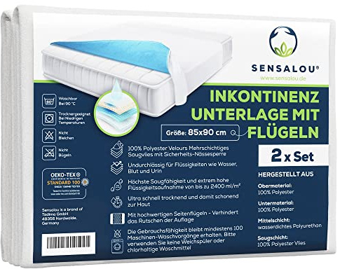 Sensalou 2 Stück wasserdichte Inkontinenzauflage mit Flügeln 85x90 cm - Stecklaken Baby Kinder Bett