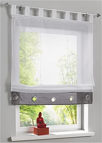 Devola Estor de gasa transparente con ojal, cortina plegable con cordón, moderno, con trabillas, cortina de cocina, lista para usar, ancho x alto, 120 x 155 cm, color gris, 1 unidad